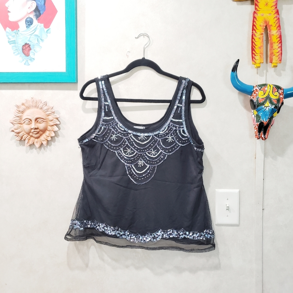 Angie Sequin Black Tank Top Blouse w/ Mesh Size L